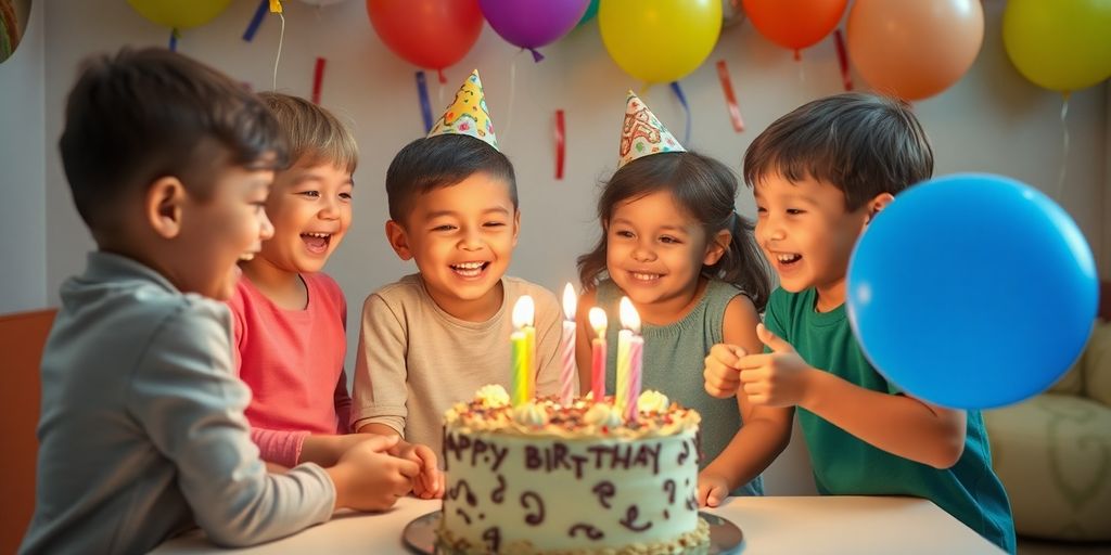 Children playing party games at a colourful birthday celebration.
