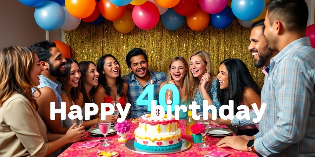 Decorative birthday party scene with cake and balloons.