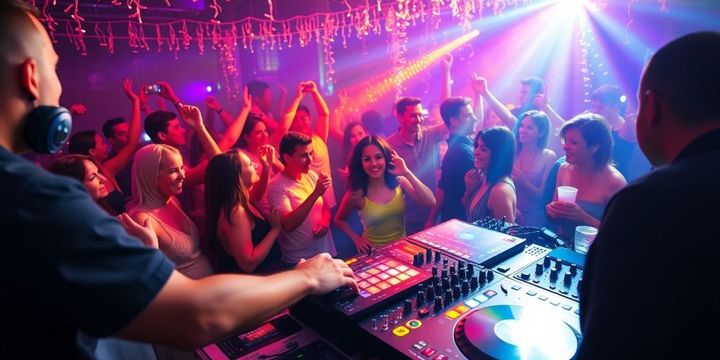 DJ playing music at a lively party celebration.